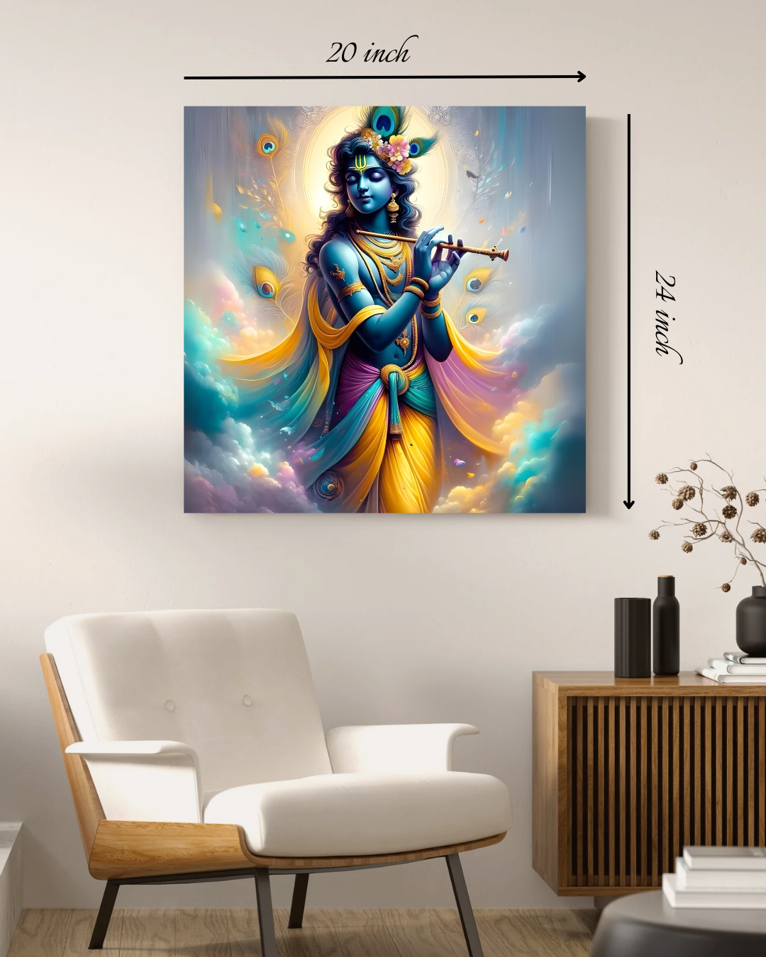 Krishna with Flute in a Peaceful Scene Canvas Print